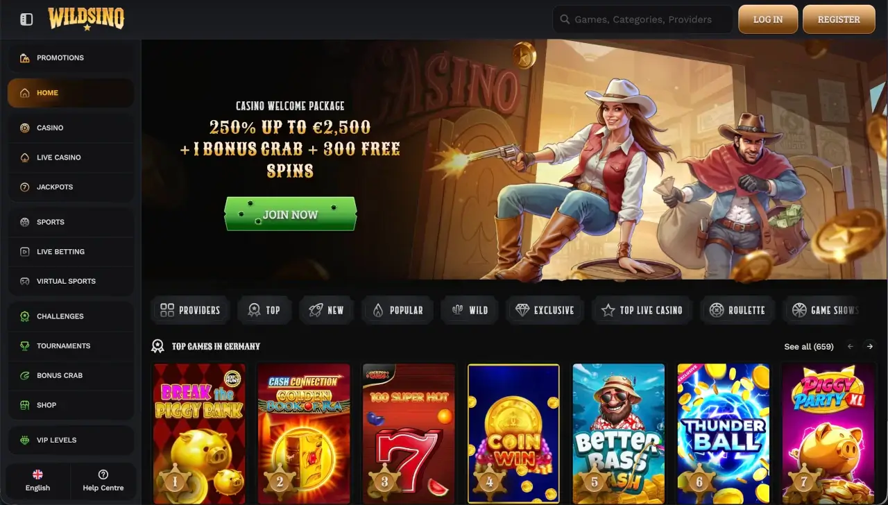 Wildsino Casino game lobby with slots and live casino categories