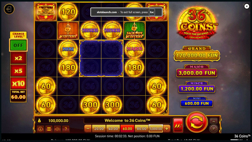 36 Coins hold-and-win style bonus round with coin values and multiplier icons