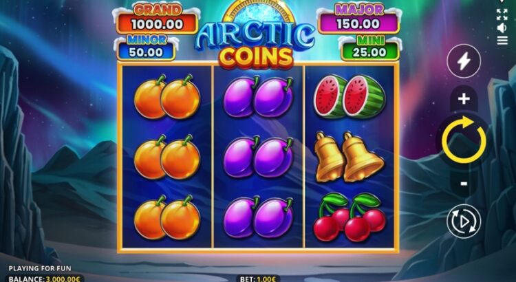 Arctic Coins slot game reels with icy coin symbols and bonus meter