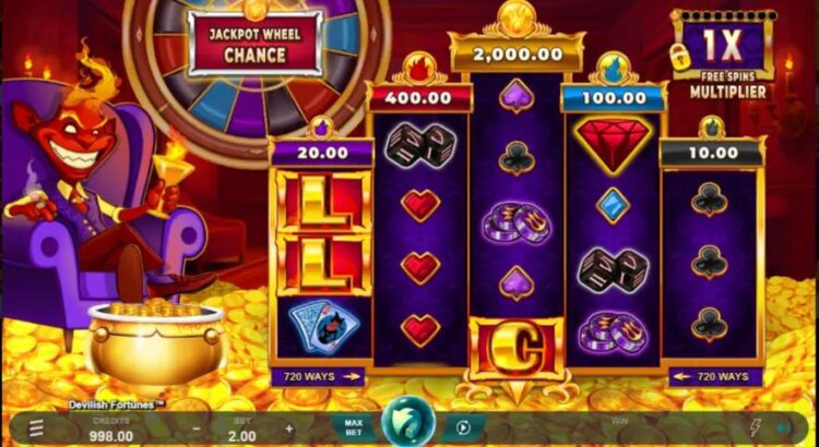 Devilish Fortunes slot game reels and bonus symbols on screen