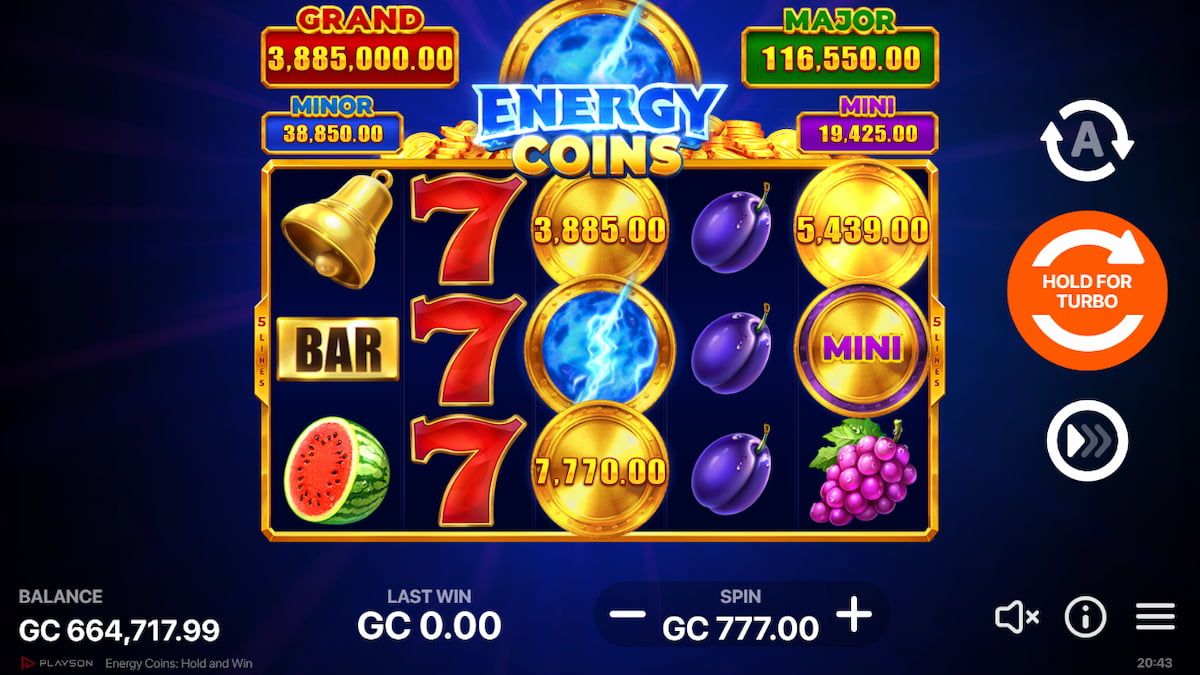 Energy Coins symbols landing on reels in an online casino slot game