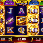 Golden Forge slot game reels with wild symbols and glowing forge theme