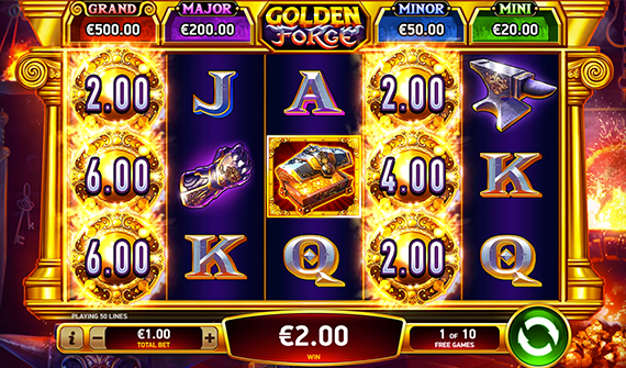 Golden Forge slot game reels with wild symbols and glowing forge theme