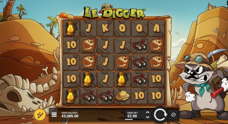 Le Digger slot game reels with mining-themed symbols and bonus icons