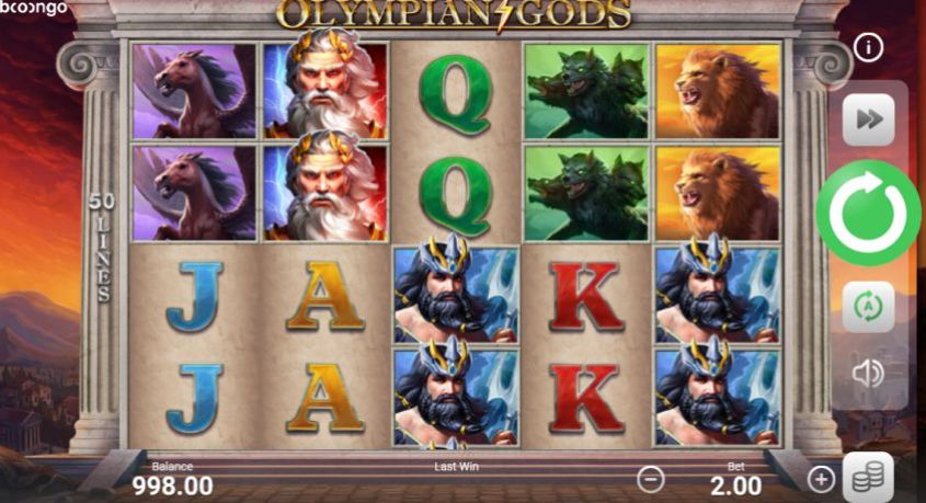 Mobile online casino interface displaying an Olympian Gods slot game in demo mode