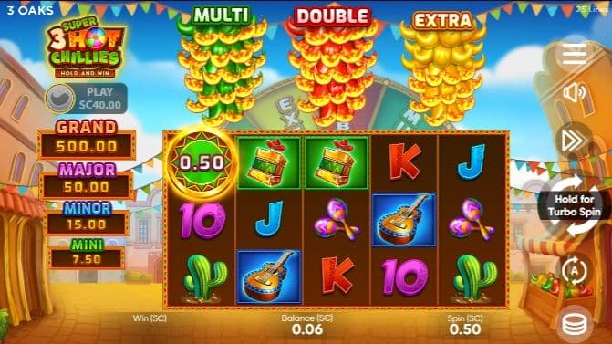 Paytable and RTP information panel for the 3 Hot Chillies online slot