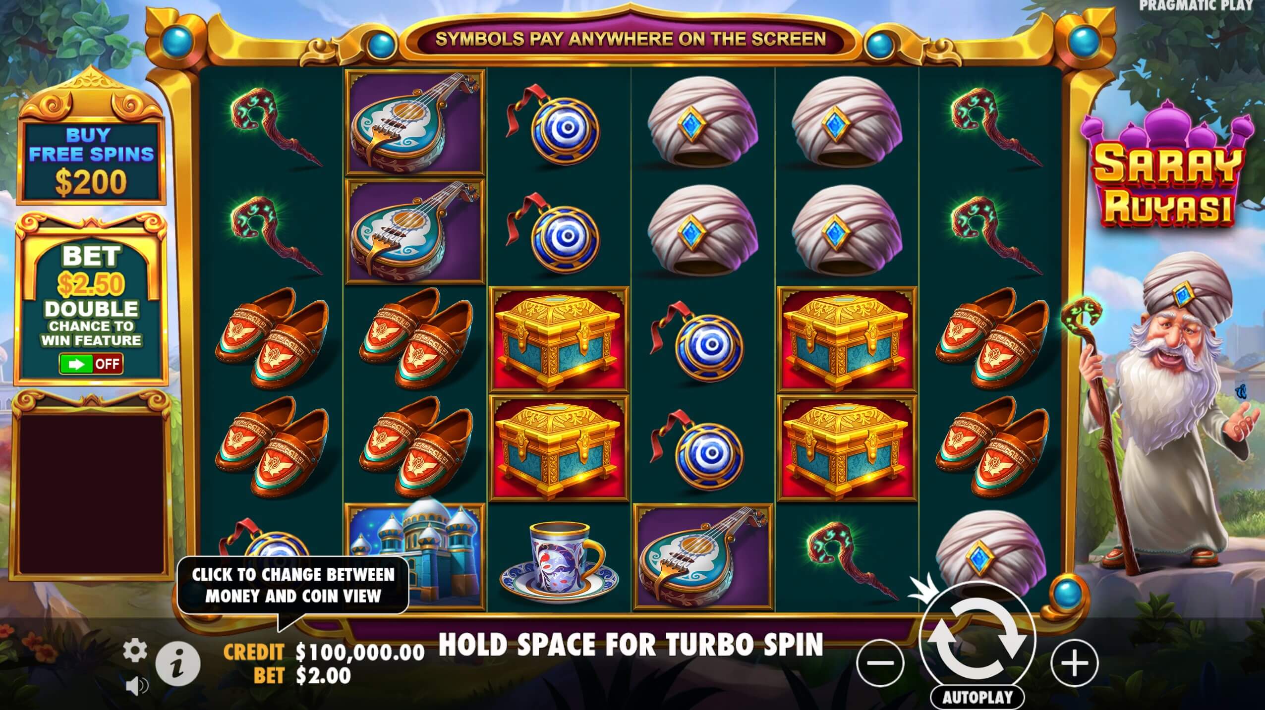 Saray Rüyası free spins bonus screen showing scatter symbols and multipliers