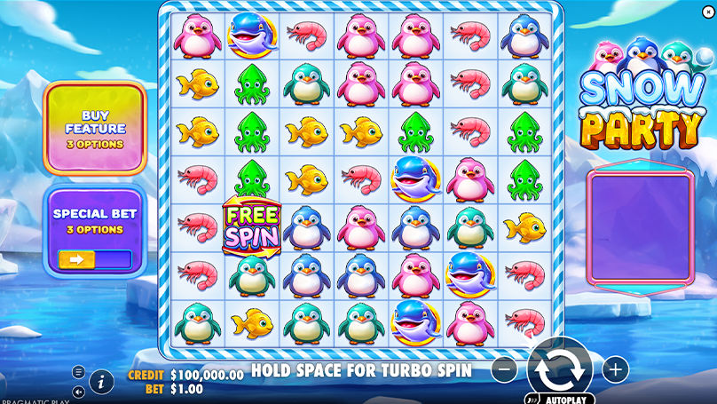 Snow party bonus round screen showing free spins and multiplier features