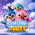 Snow party slot game reels on an online casino screen with winter-themed symbols