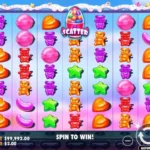 Sugar Rush online casino slot game screen with candy symbols and bonus feature highlights