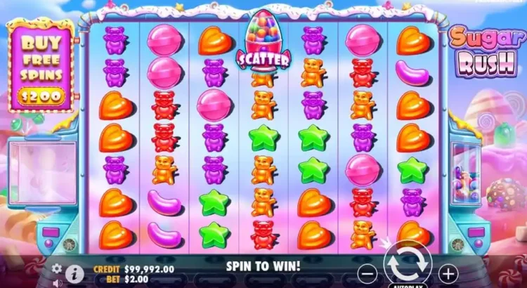 Sugar Rush online casino slot game screen with candy symbols and bonus feature highlights